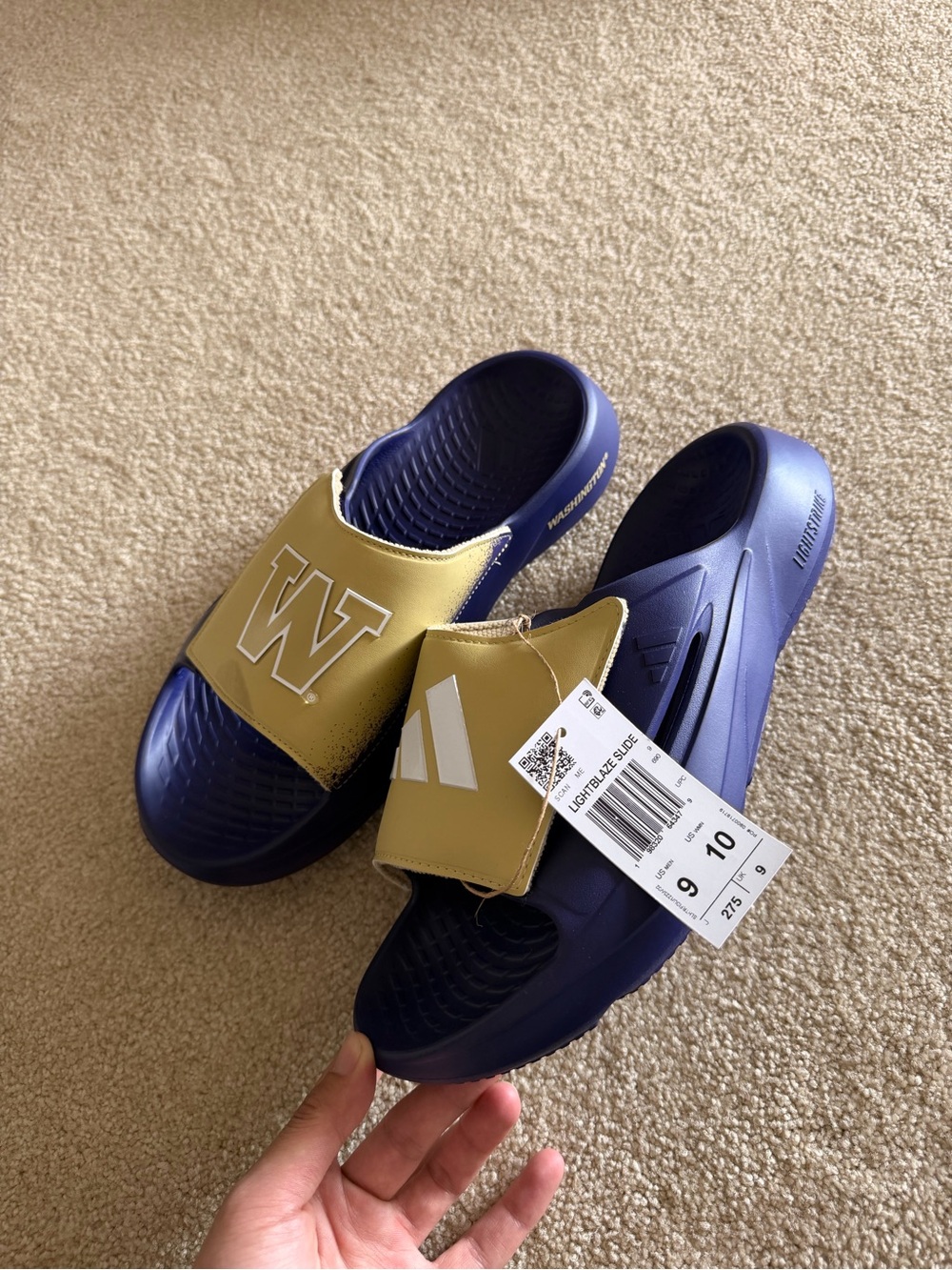 adidas Navy Slide Sandals with Gold Strap and White W